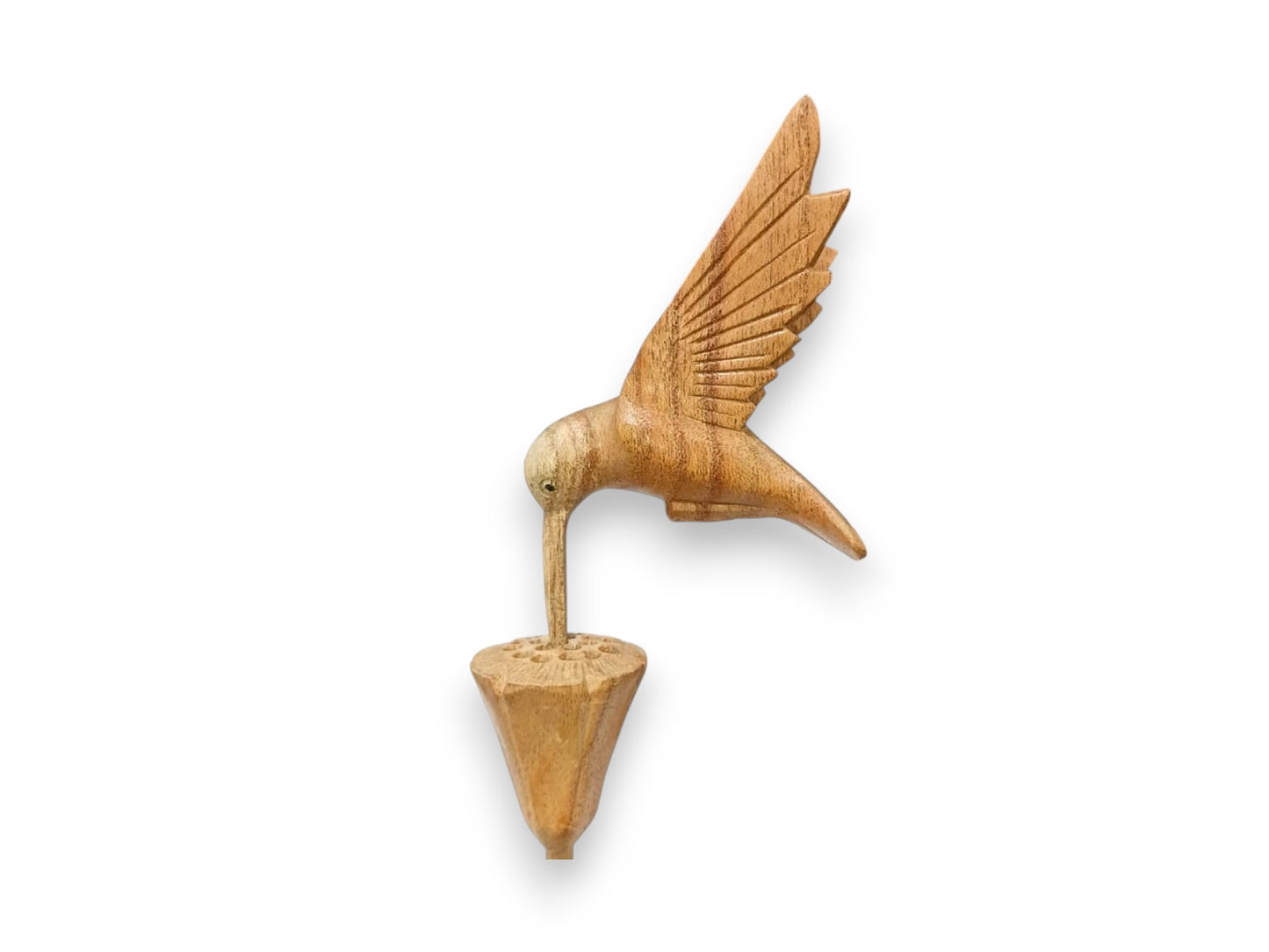 Hand Carved Wooden Hummingbird with Lotus Seed Pods Sculpture