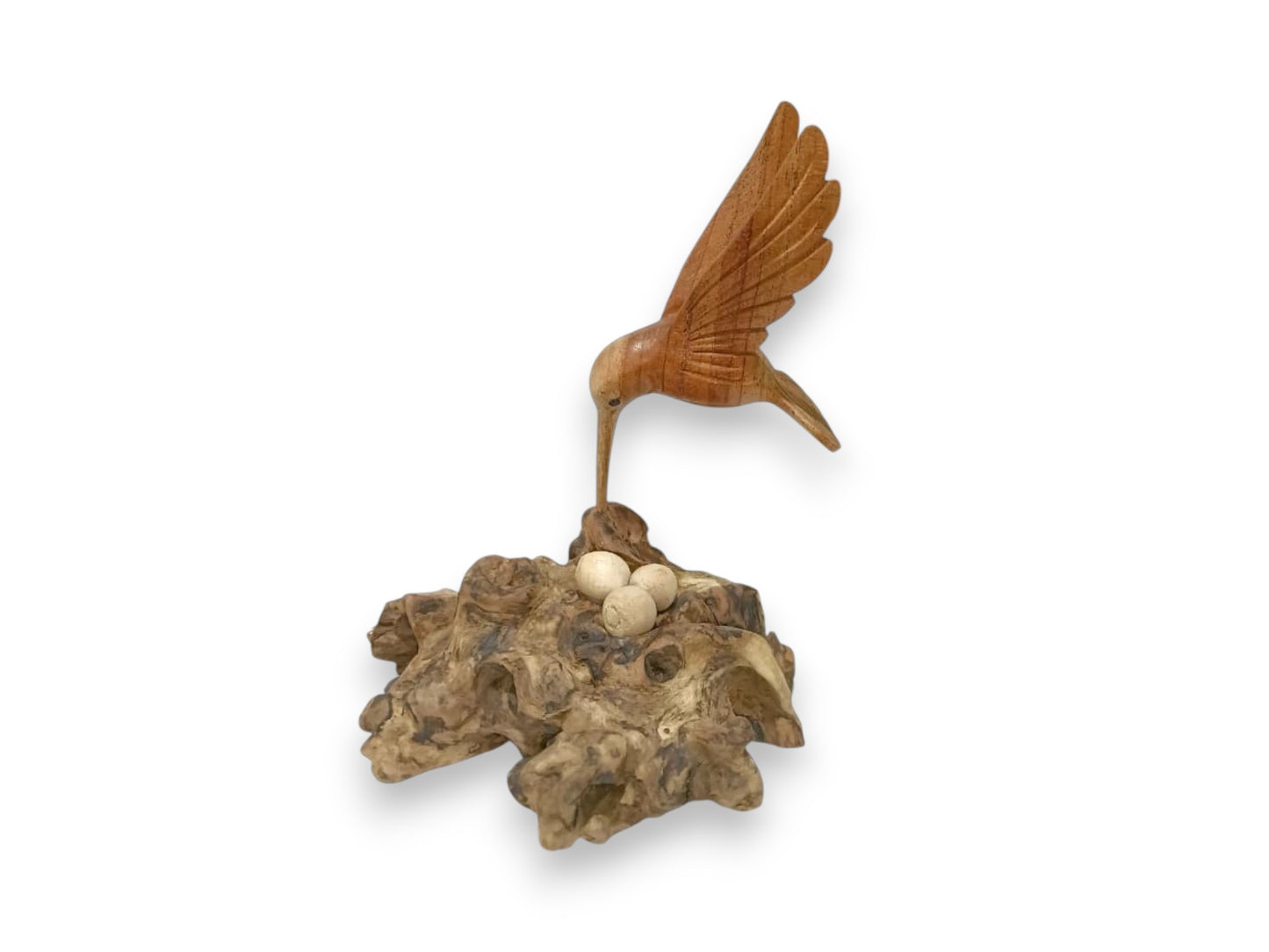 Hand Carved Wooden Hummingbird with Nest and 3 Eggs Sculpture