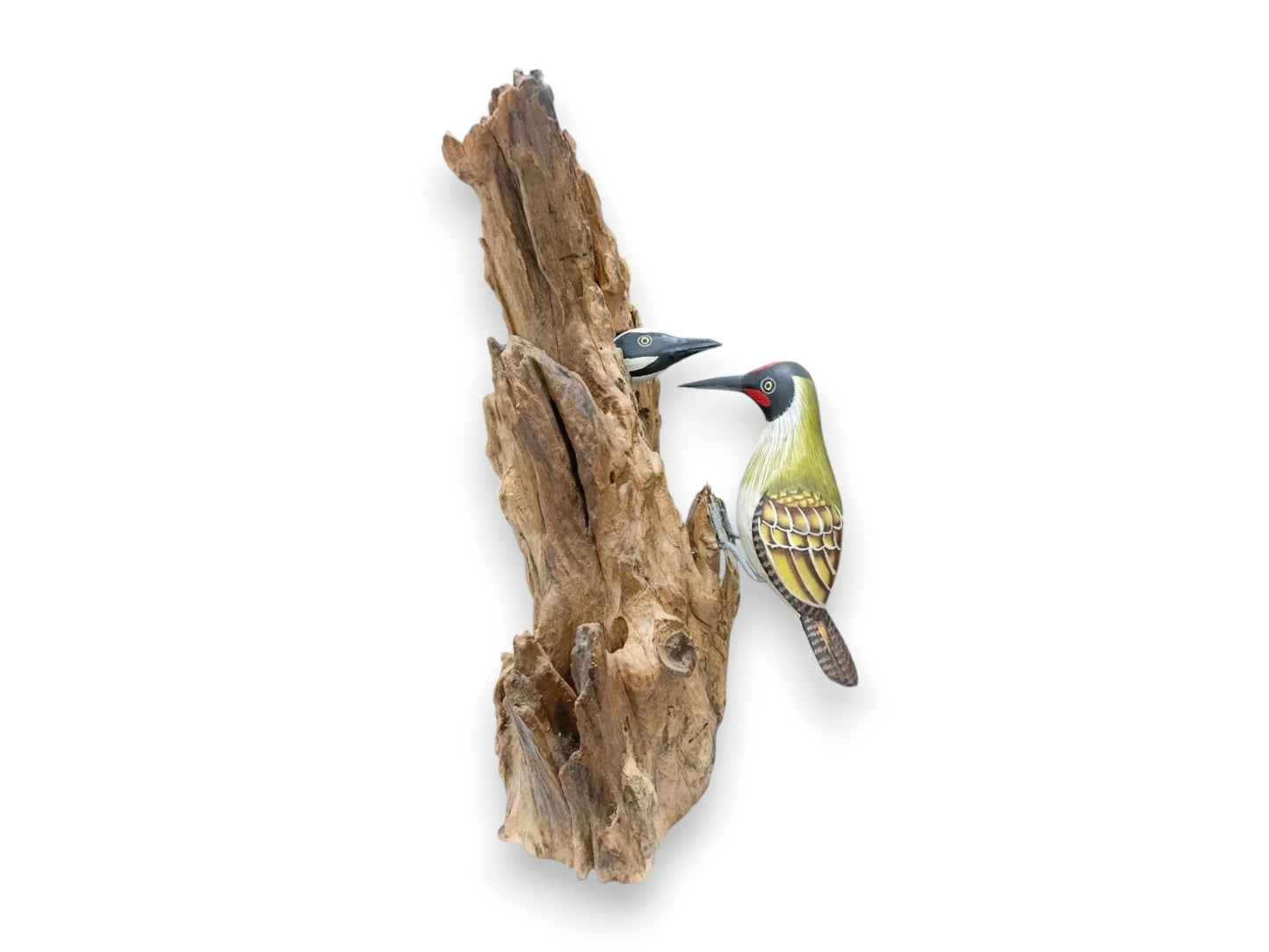 Hand Painted Wooden Woodpecker Feeding Chick on Natural Rootwood Sculpture