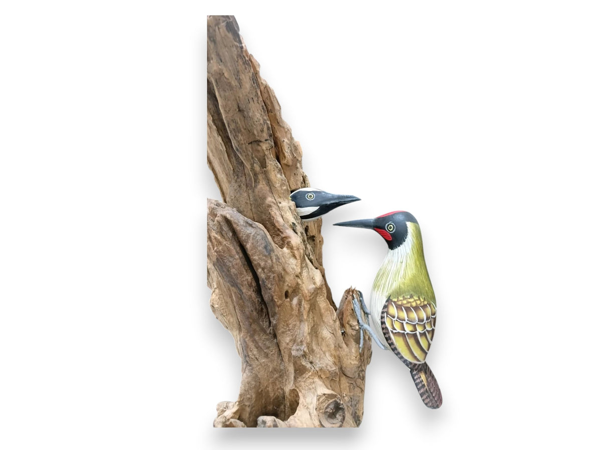 Hand Painted Wooden Woodpecker Feeding Chick on Natural Rootwood Sculpture